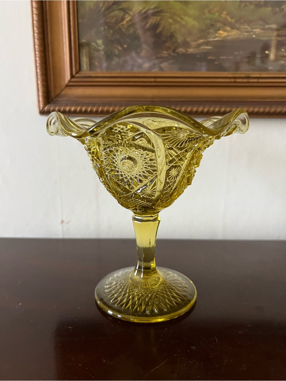 Vintage Yellow Pressed Glass Compote with Ruffled Rim